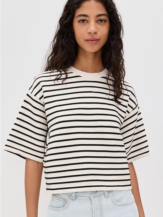Anine Bing Tops - Anine Bing Myers Black & Cream Striped Boxy Cropped Tee